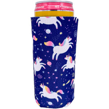 Load image into Gallery viewer, unicorns in space slim Koozie with planets and stars