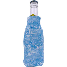 Load image into Gallery viewer, White Bottle Koozie with Blue Wave Lines