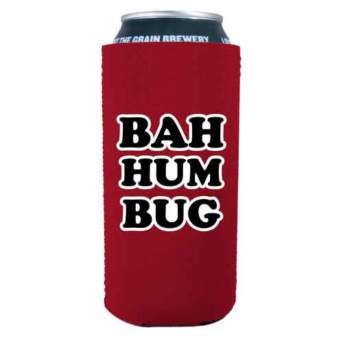 red 16 ounce can koozie with bah hum bug text design