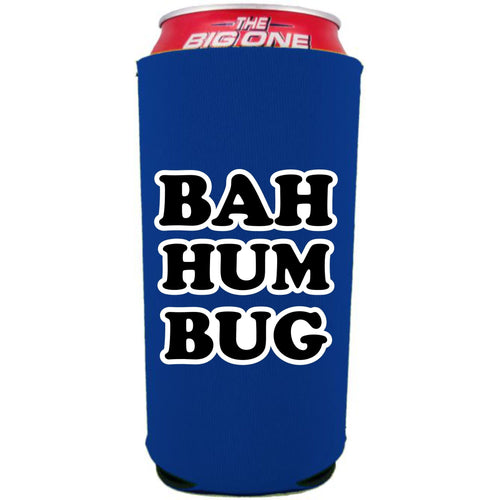 royal blue 24 ounce can koozie with bah hum bug text design