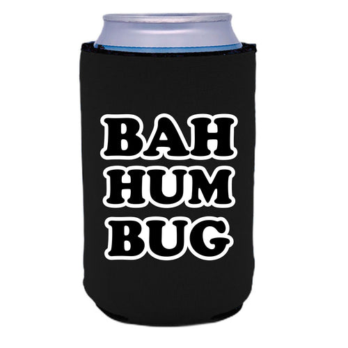 black can koozie with bah hum bug text design