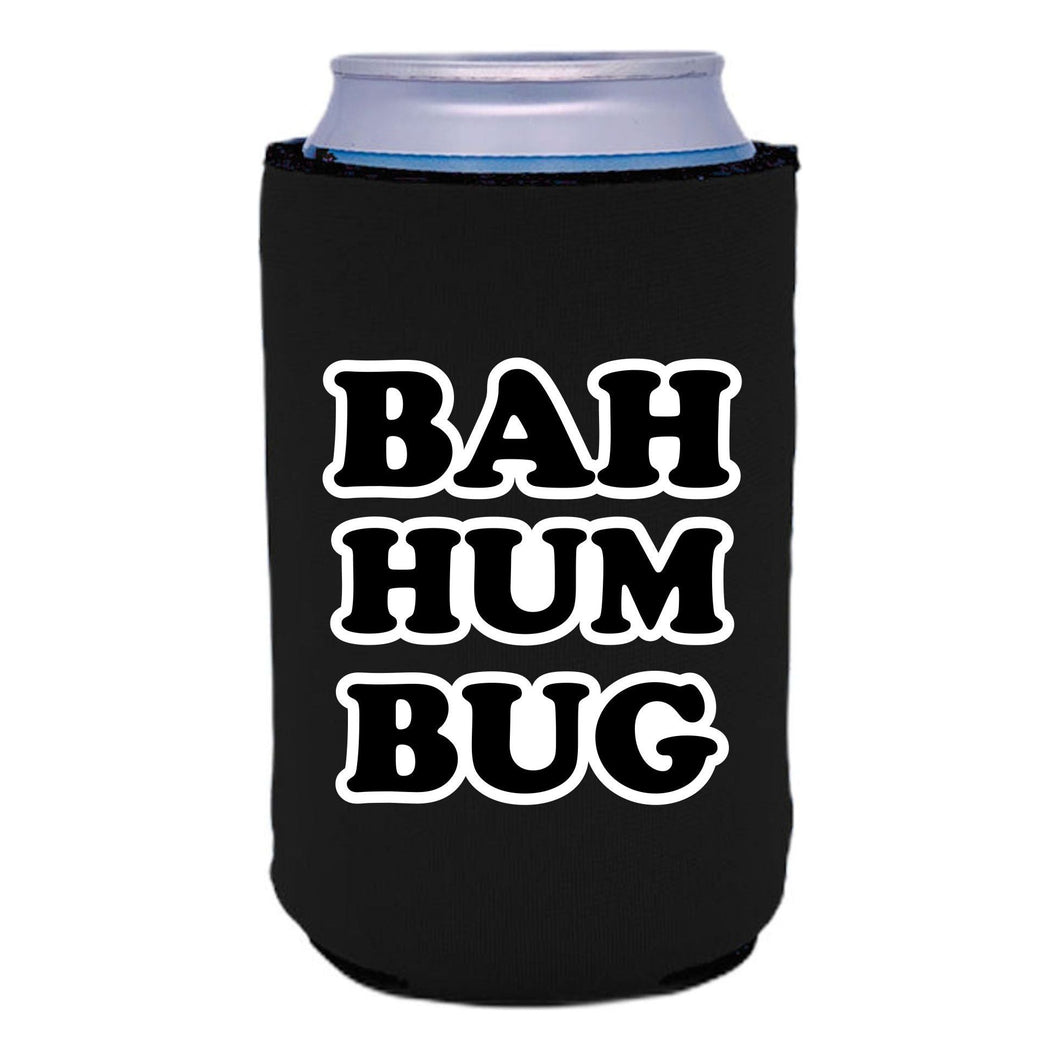 black can koozie with bah hum bug text design