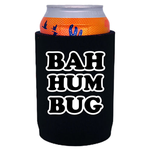 black full bottom can koozie with bah hum bug text design