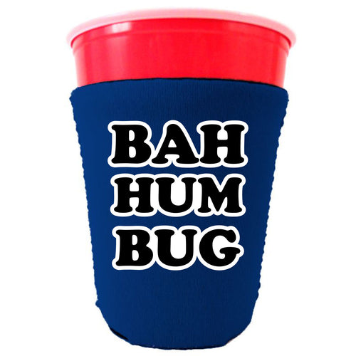 royal blue solo cup koozie with bah hum bug text design