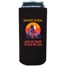 Load image into Gallery viewer, 16oz. tallboy, collapsible, neoprene can koozie with &quot;Bigfoot is Real&quot; graphic printed on one side.
