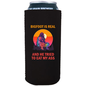 16oz. tallboy, collapsible, neoprene can koozie with "Bigfoot is Real" graphic printed on one side.