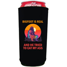Load image into Gallery viewer, 24oz. collapsible, neoprene can koozie with &quot;Bigfoot is Real&quot; graphic printed on one side.

