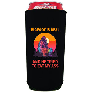 24oz. collapsible, neoprene can koozie with "Bigfoot is Real" graphic printed on one side.