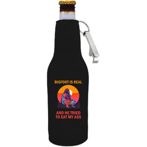 12oz. neoprene beer bottle koozie with metal opener attached to zipper; "Bigfoot is Real.." graphic printed on opposite side. 