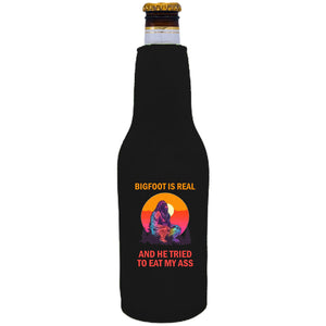 12oz. neoprene beer bottle koozie with zipper closure and "Bigfoot is Real.." graphic printed on opposite side. 