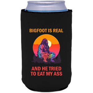 12oz. collapsible, neoprene can koozie with "Bigfoot is Real.." graphic printed on one side