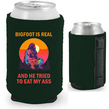 Load image into Gallery viewer, 12oz. collapsible, neoprene can koozie with strong magnets sewn into one side and &quot;Bigfoot is Real..&quot; graphic printed on opposite side.
