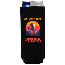 Load image into Gallery viewer, 12oz. collapsible, neoprene, slim can koozie with &quot;Bigfoot is Real..&quot; graphic printed on one side
