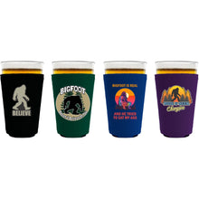 Load image into Gallery viewer, four pint glass koozies with funny bigfoot printed designs
