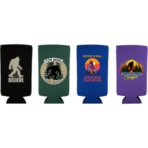 Bigfoot Funny Slim Can Coolie Designs 4 Pack