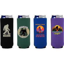 Load image into Gallery viewer, four slim can koozies with funny bigfoot printed designs
