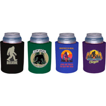 Load image into Gallery viewer, four thick foam old school koozies with funny bigfoot printed designs
