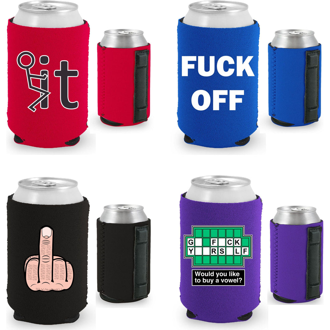 four magnetic can koozies with funny fuck related printed designs