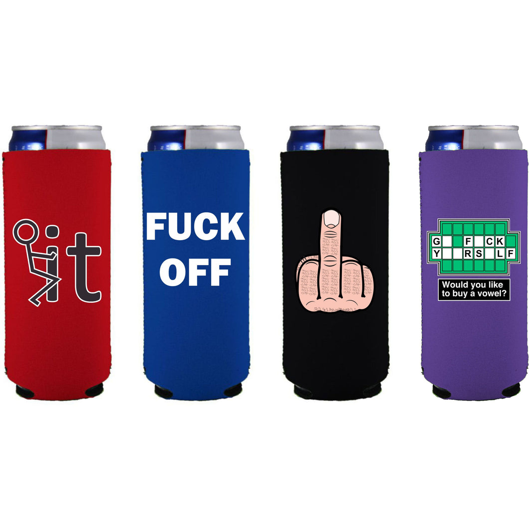 Four slim can koozies with funny fuck printed designs