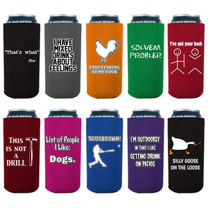 Ten 16 ounce can koozies with funny joke prints