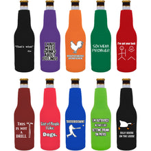 Load image into Gallery viewer, Ten beer bottle koozies with funny joke prints
