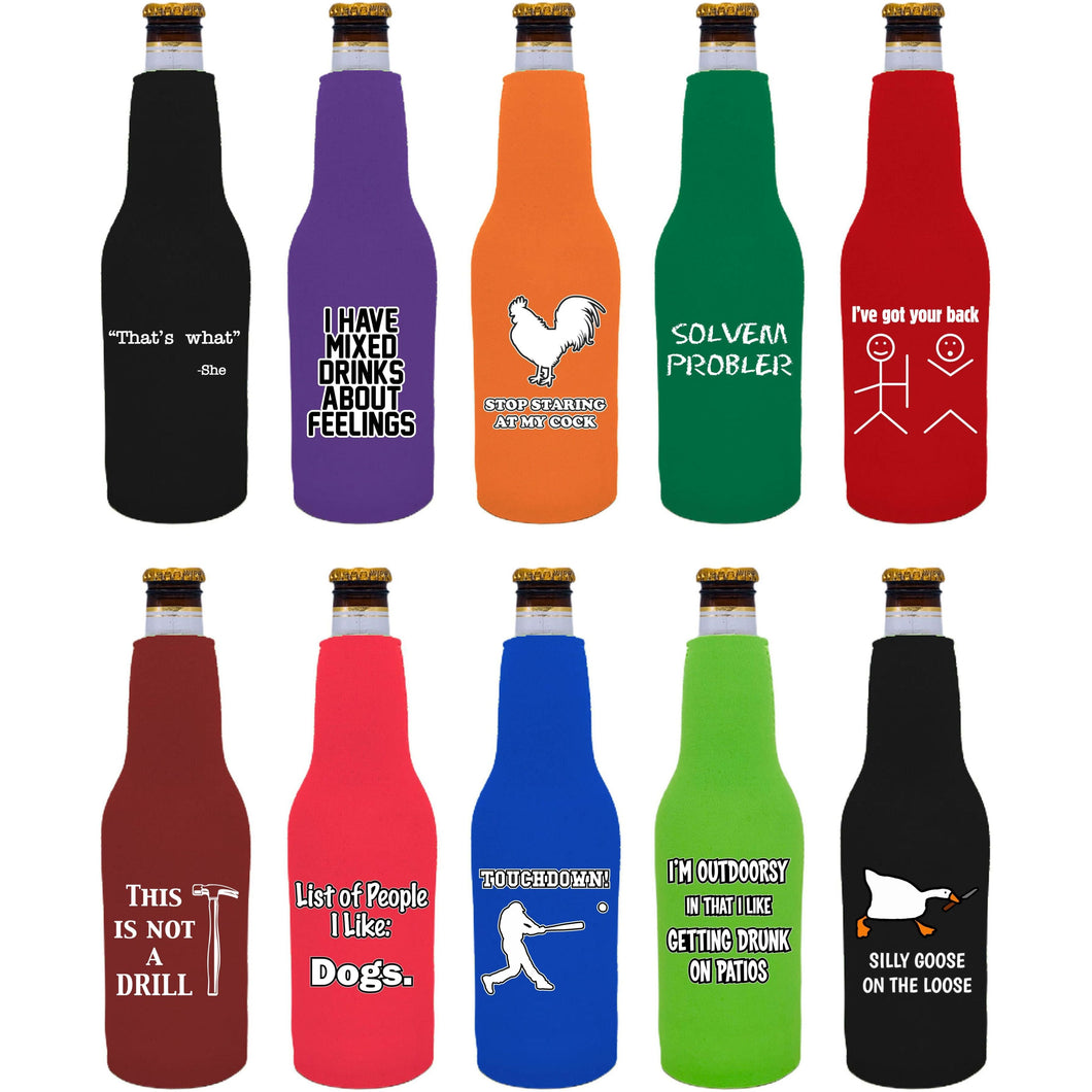 Ten beer bottle koozies with funny joke prints