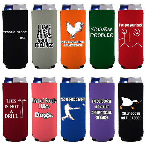 Ten slim can koozies with funny joke prints