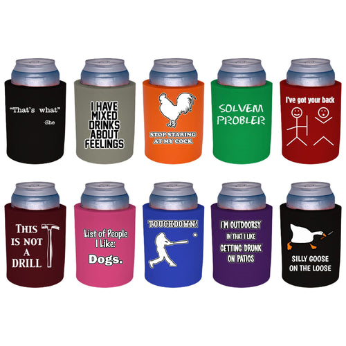 Ten thick foam old school can koozies with funny joke prints