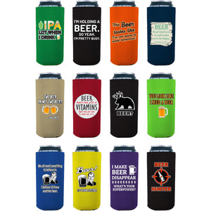 Twelve 16oz can koozies with funny beer joke printed designs