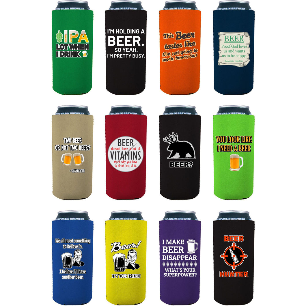 Twelve 16oz can koozies with funny beer joke printed designs