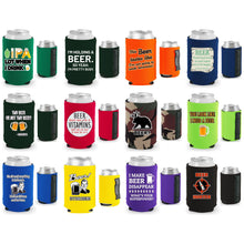 Load image into Gallery viewer, Twelve magnetic can koozies with funny beer joke prints
