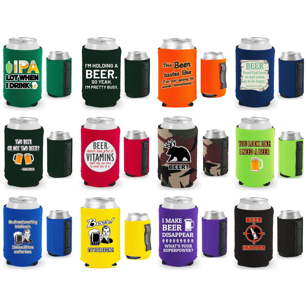 Twelve magnetic can koozies with funny beer joke prints