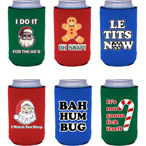 Six can koozies with funny christmas design prints