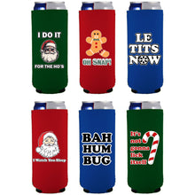 Load image into Gallery viewer, Six slim can koozies with funny christmas prints
