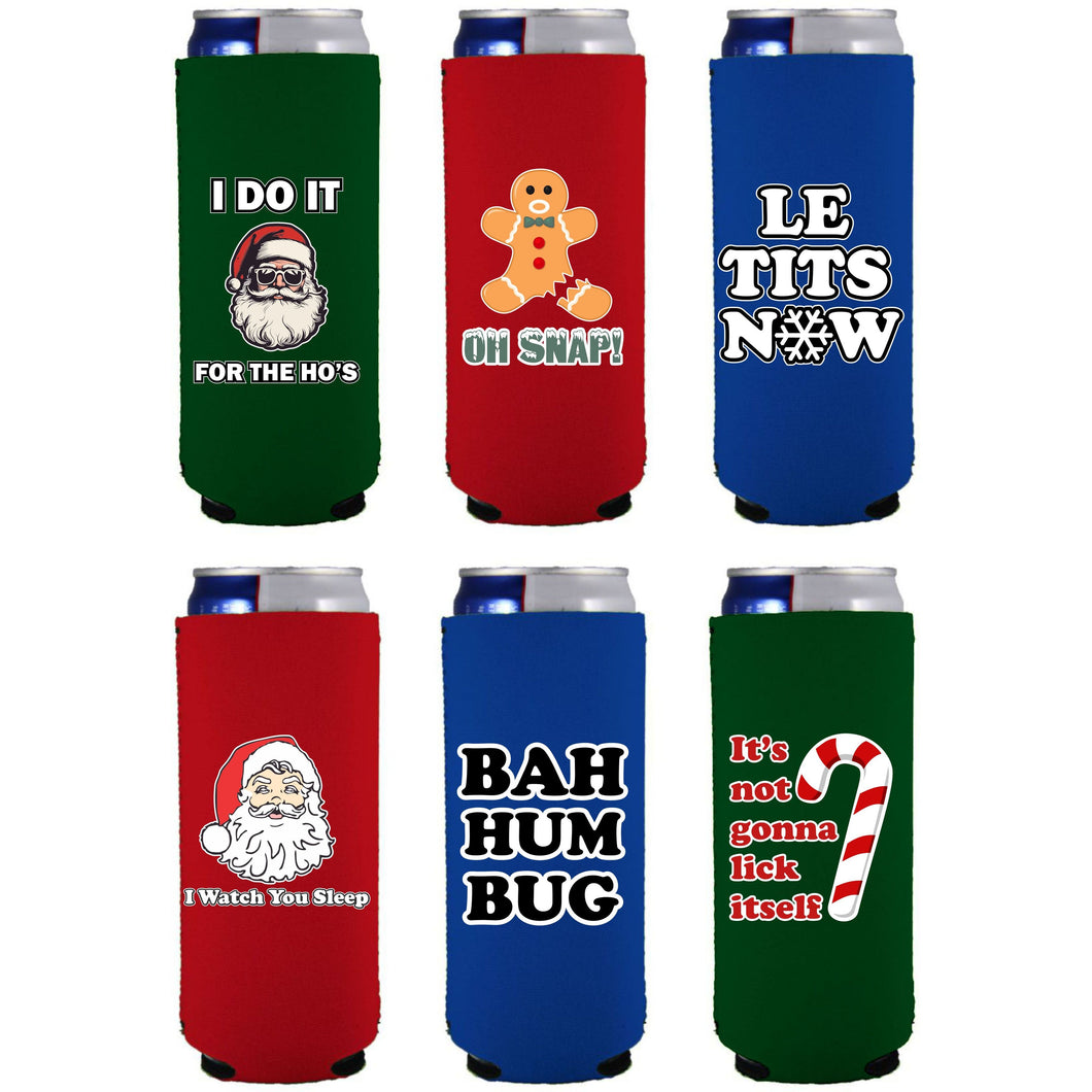 Six slim can koozies with funny christmas prints