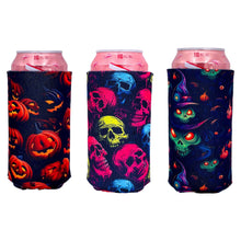 Load image into Gallery viewer, three 16 ounce can koozies with halloween pattern all over prints
