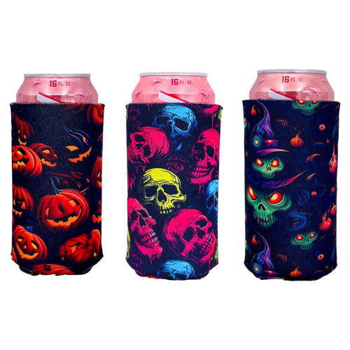 three 16 ounce can koozies with halloween pattern all over prints