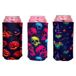 three 16 ounce can koozies with halloween pattern all over prints