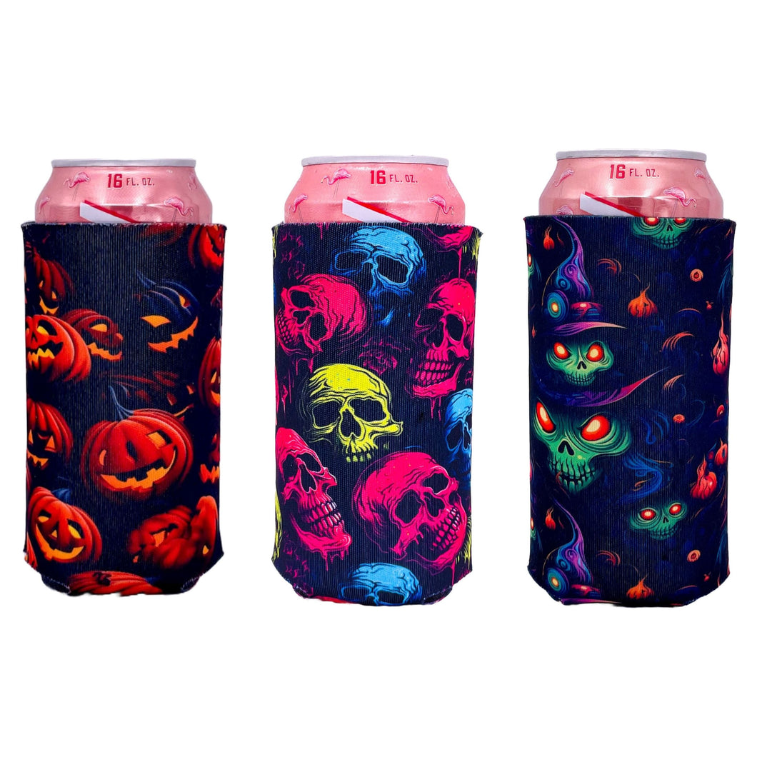 three 16 ounce can koozies with halloween pattern all over prints