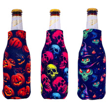 Load image into Gallery viewer, three beer bottle koozies with halloween pattern prints
