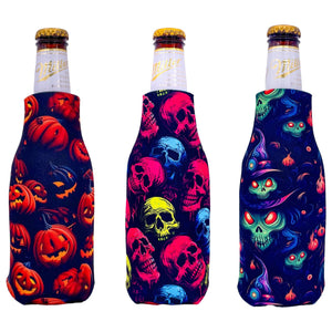 three beer bottle koozies with halloween pattern prints