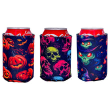 Load image into Gallery viewer, three can koozies with halloween pattern designs
