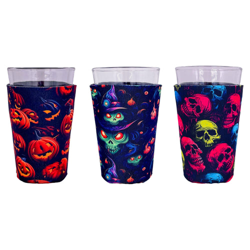 three pint glass koozies with halloween pattern prints