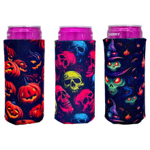 Load image into Gallery viewer, three slim can koozies with halloween pattern prints
