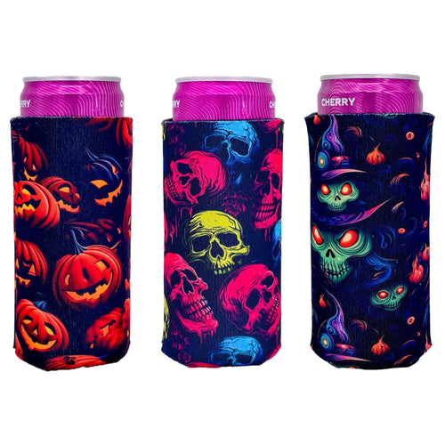 three slim can koozies with halloween pattern prints