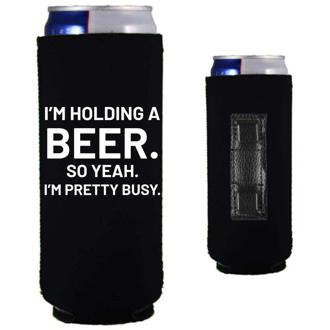 12oz. collapsible, neoprene slim can koozie with strong magnets sewn into one side; 