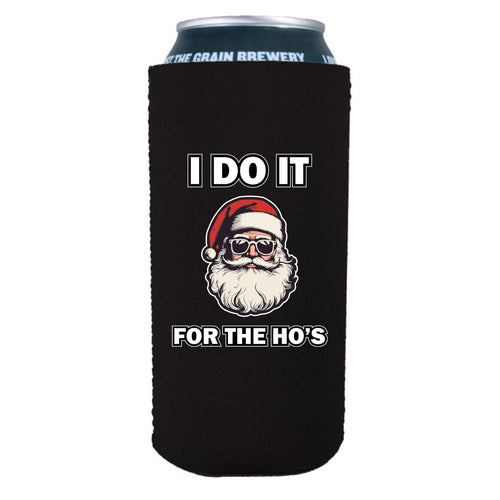 black 16 ounce can koozie with i do it for the ho's and santa graphic design