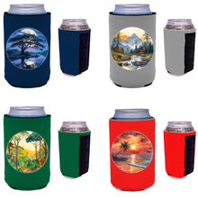 Load image into Gallery viewer, Landscape Outdoor Designs Magnetic Can Coolie 4 Pack (1 each Tropical, Jungle, Savannah, Mountain)
