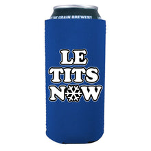 Load image into Gallery viewer, royal blue 16 ounce can koozie with &quot;le tits now&quot; text design
