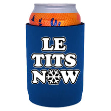 Load image into Gallery viewer, royal blue full bottom can koozie with &quot;le tits now&quot; text design
